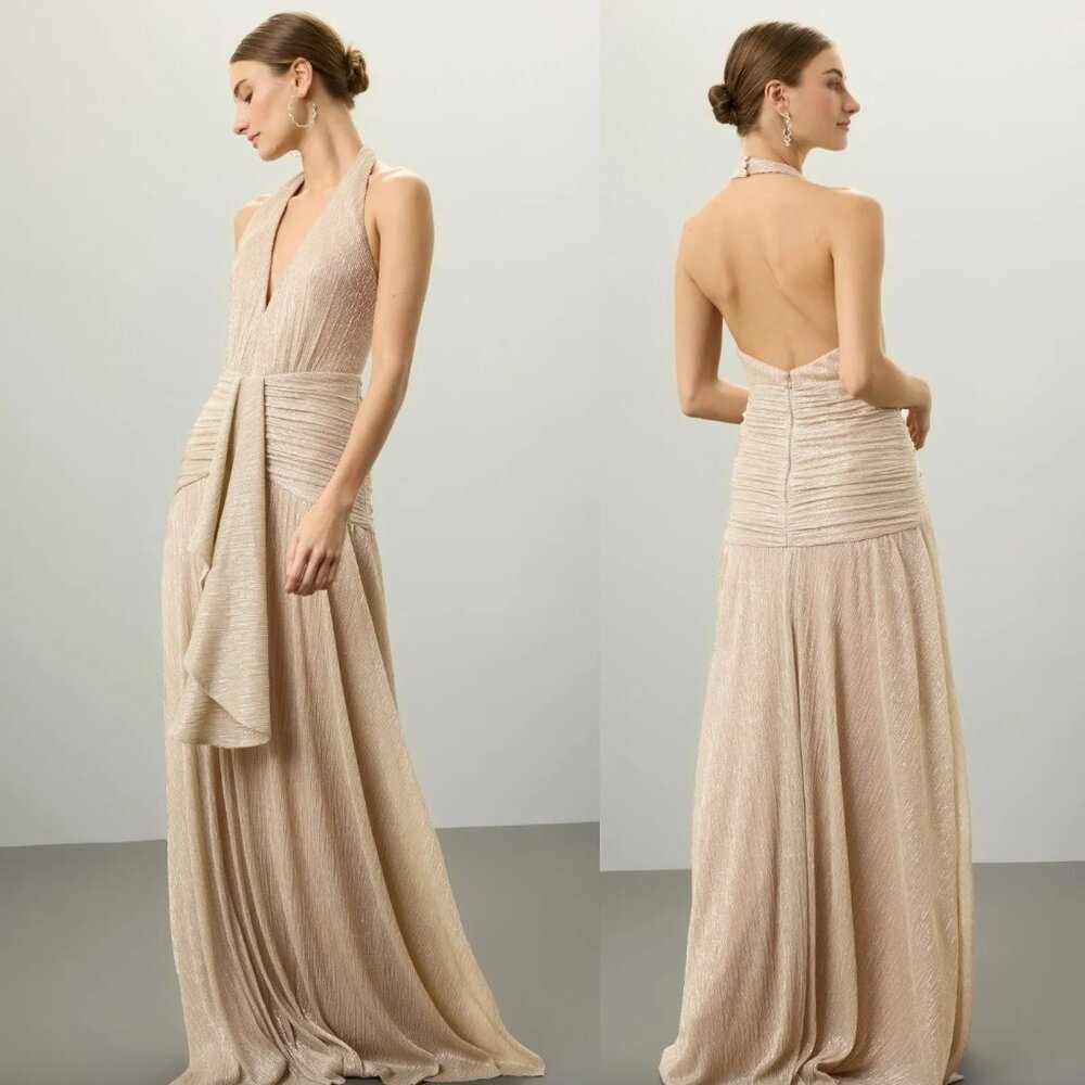 PatBO Lurex Draped Maxi Dress Champagne Gold Tan Cream Glitter Sleeveless Gown 6